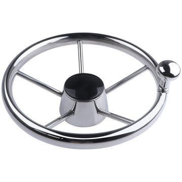 11 inch Boat Steering Wheel, Marine Stainless Steel Steering Wheel Adapter fit 3/4 inch Tapered Shaft, 5 Spoke 25 Degree Destroyer Style with Knob & Center Cap for Boats, Yachts, Pontoon Boats