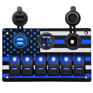 Aluminum Rocker Switch Panel with American Flag Pattern 6P ON Off Toggle Switch Dual USB Charger Power Adapter Socket Digital Voltmeter for Marine Boat Car RV Vehicles Electrical (Blue)