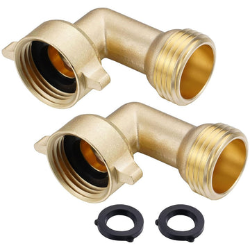 90-Degree Hose Elbow 3/4" Garden Hose Connector Solid Brass Adapter for RV Water Intake, Outdoor Water Conntection, 2-Pack