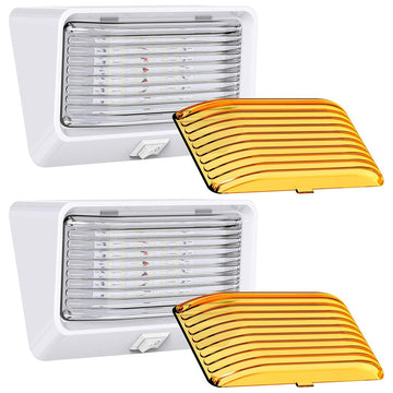 Leisure LED RV Exterior Porch Utility Light with Switch - 12v 280 Lumen Lighting Fixture. Replacement Lighting for RVs, Trailers, Campers, 5th Wheels. White Base, Clear and Amber Lens (White, 2-Pack)